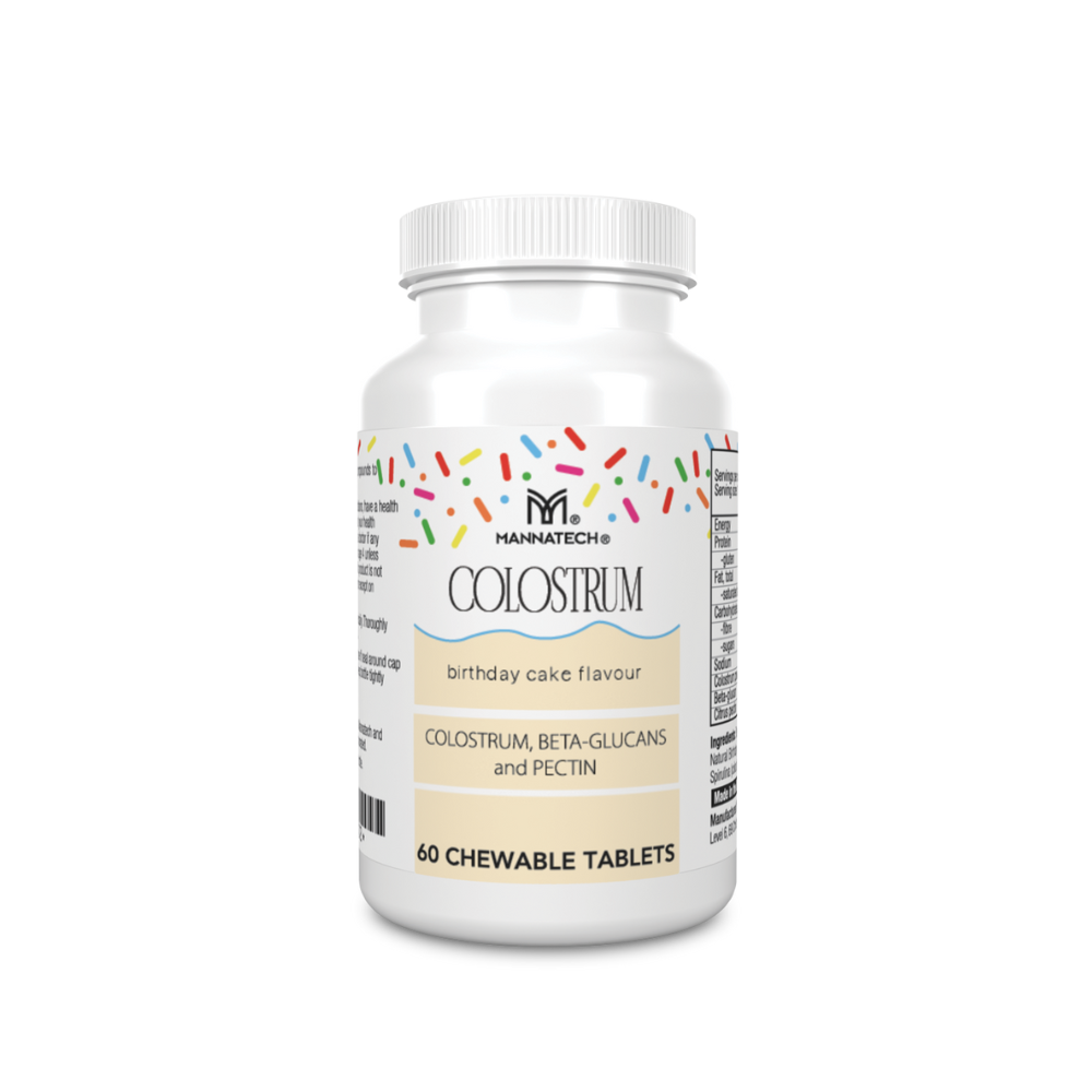 Bottle of Mannatech Colostrum by Mannatech Australia  with birthday cake flavour on a white background