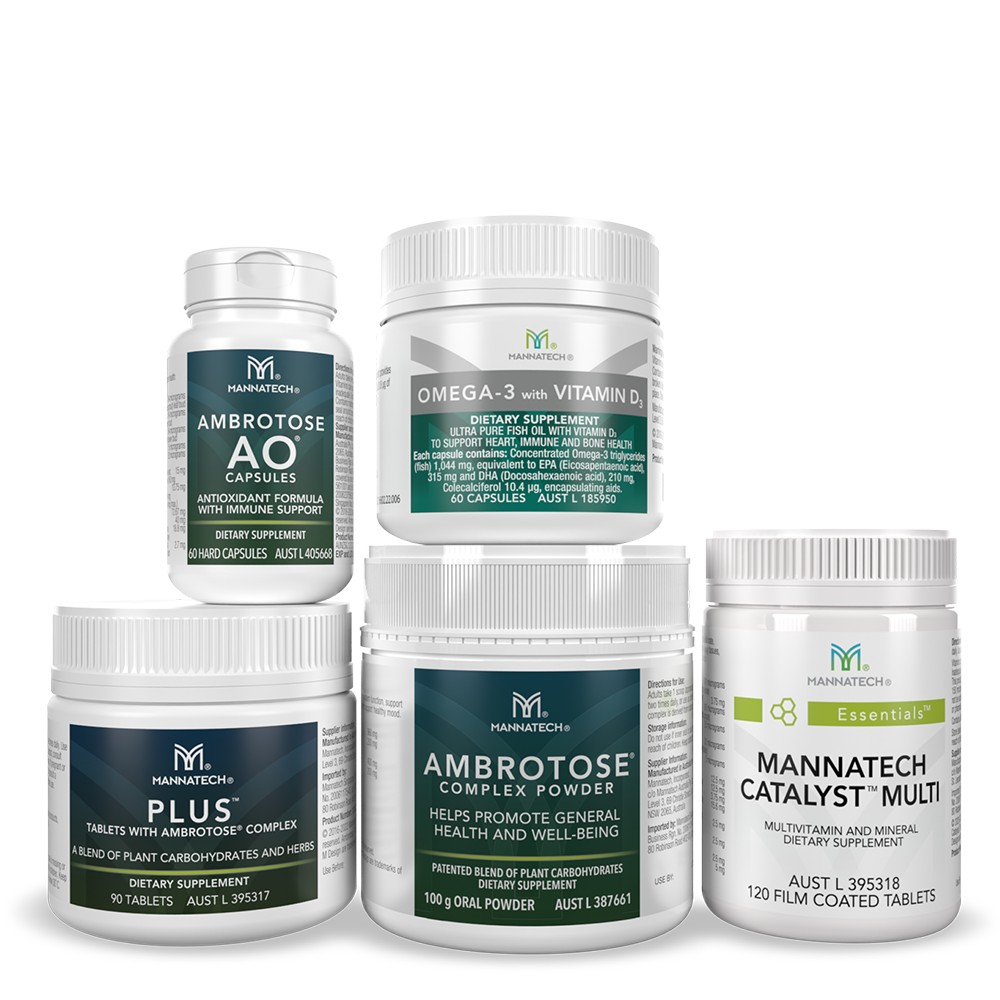Mannatech Australia Core 5 products with Mannatech Ambrotose, Mannatech Plus, Mannatech Catalyst, Mannatech Omega 3 and Mannatech Ambrotose AO 