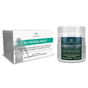Mannatech GI ProBalance is a probiotic and prebiotic for gut health. This bundle also has Ambrotose Complex powder which has glyconutrients for cellular, gut and brain health