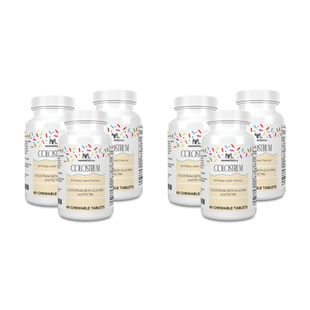 Multiple bottles of Mannatech Colostrum chewable tablets on a white background