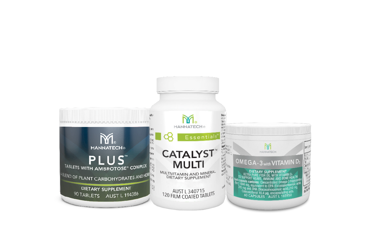 Mannatech Australia zen bundle with catayst Multivitamin, Mannatech Plus and Mannatech Omega 3 with vitamin D. Mannatech hormone balancing products